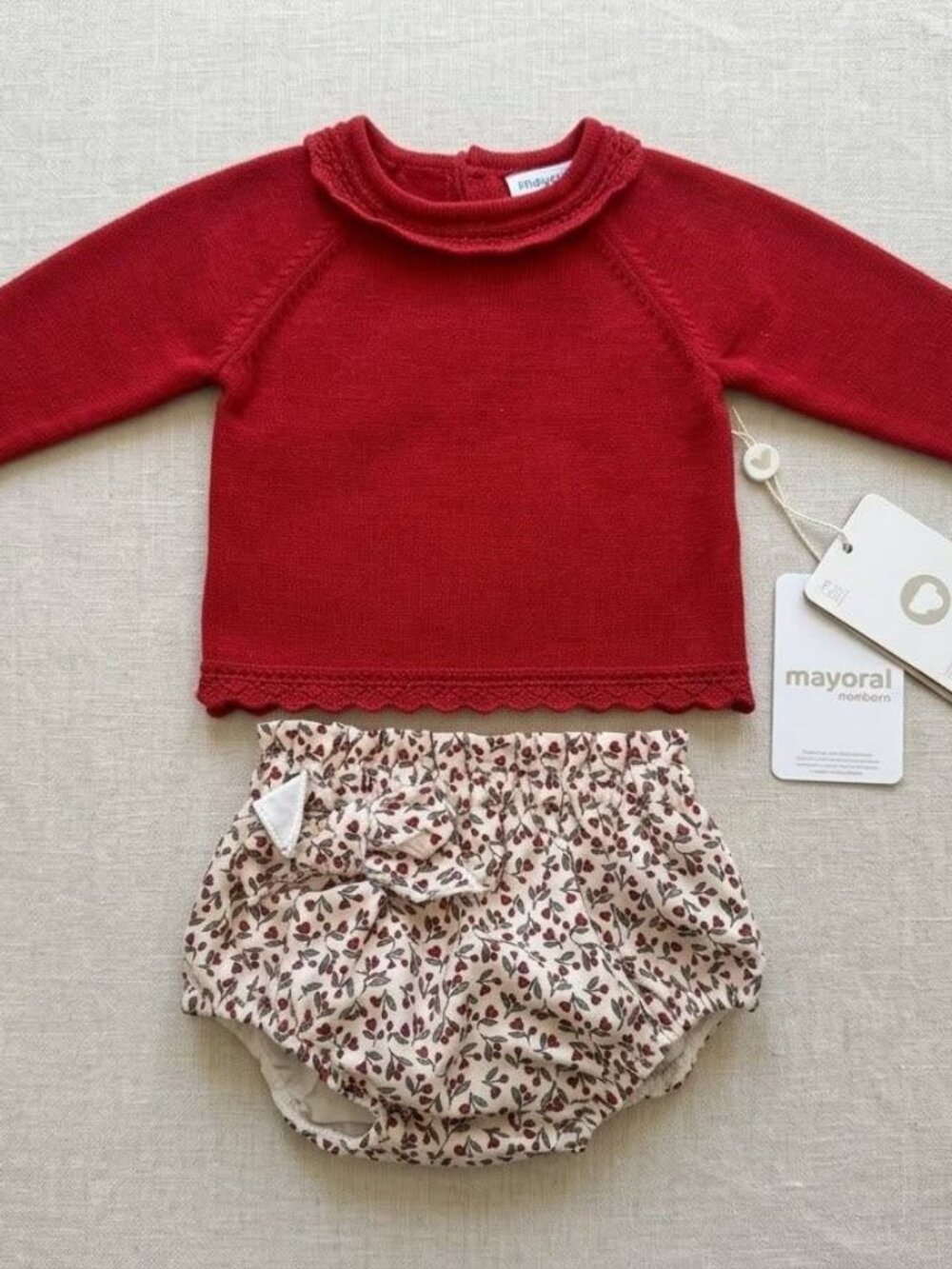 Mayoral Baby Girl 0-3M 2pc Red Knit Sweater Top Floral Bloomers Set NWT